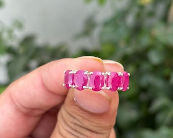 Natural Ruby Five Stone Ring – Sterling Silver Half Eternity Band