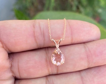 Pear Morganite Necklace- Peach Morganite Necklace- Wedding Jewelry- Morganite Pendant- Rose Gold Morganite Necklace