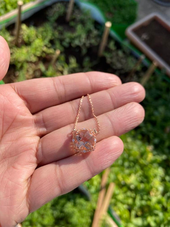 14K Rose Gold Oval Halo Morganite and Diamond Necklace