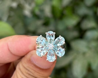 Anel Floral de Água-marinha Natural – Prata de Lei, Pedra do Mês de Março