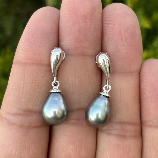 Natural Tahitian Pearl Drop Earrings – Sterling Silver, Bridal Jewelry