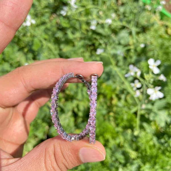 Pink Sapphire Hoop Earrings – Sterling Silver, Lab Grown Gemstone