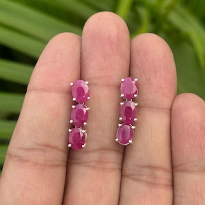 Natural Ruby Earrings- Three Stone Earrings- Silver Earrings For Women- Wedding Earrings- Silver Ruby Earrings- Gemstone Earrings