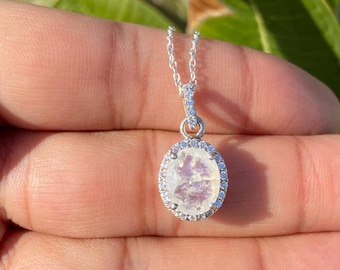 Oval Moonstone Necklace – Sterling Silver Pendant, CZ Halo