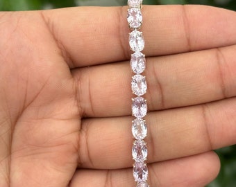 Pulseira de tênis Kunzita - Prata de lei, Gema rosa natural