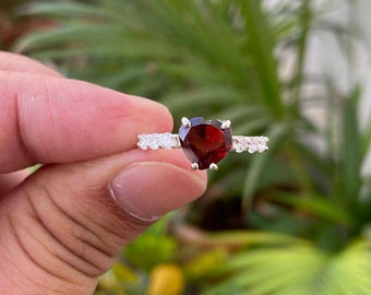 Garnet Heart Ring – Sterling Silver, January Birthstone