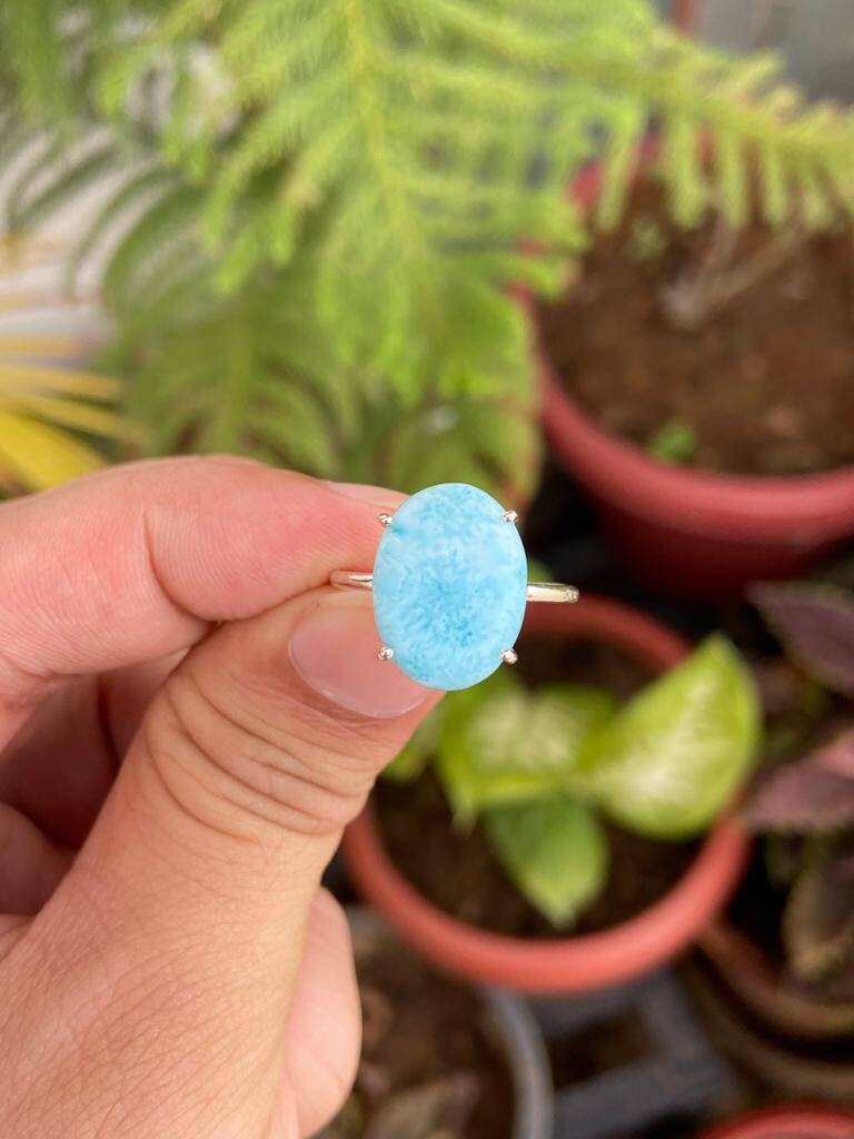 Oval Larimar Ring-  Larimar Engagement Ring- Silver Larimar Ring- Natural Larimar- Promise Ring