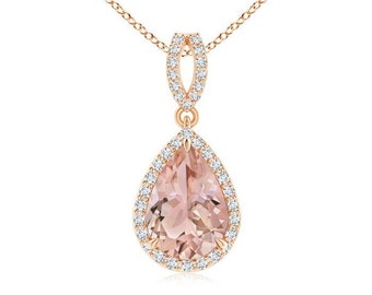 Pear Morganite Necklace- Rose Gold Necklace- Wedding Jewelry- Bridal Necklace- Morganite Pendant- Peach Morganite Necklace