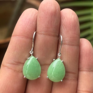 Natural Jade Drop Earrings in Sterling Silver or 14k Gold | Green Teardrop Gemstone Dangles | Minimalist Gift for Her | Jade Jewelry