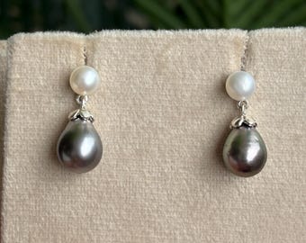 Tahitian Pearl Dangle Earrings | Sterling Silver, Freshwater Pearl Tops