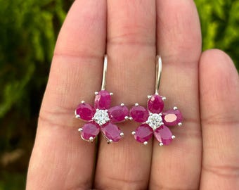 Floral Ruby Earrings – Sterling Silver, Red Gemstone Wedding Jewelry