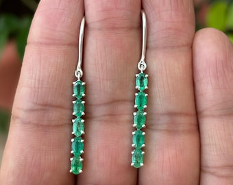 Natural Emerald Sterling Silver Dangle Earrings - Handmade Gemstone Jewelry