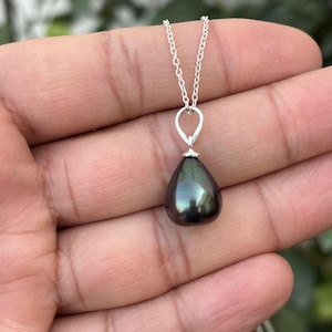 Tahitian Pearl Necklace- Black Pearl Necklace- Silver Pearl Pendant- June Birthstone- Pearl Jewelry- Natural Genuine Pearl Necklace