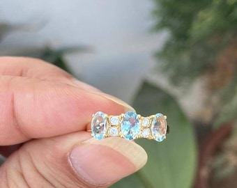 Bague Trilogie 3 Pierres Or Blanc 9 Carats – Aigue-Marine Et Diamant – Idée Cadeau Anniversaire, Fiançailles, Saint-Valentin