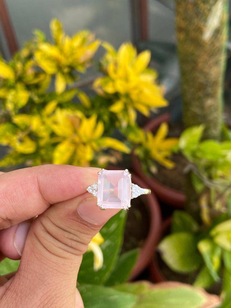 Rose Quartz Ring Emerald Cut Rose Quartz Ring Pink Gemstone Etsy