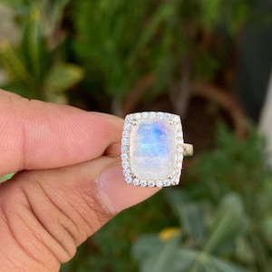 Cushion Moonstone Ring- Engagement Ring- Moonstone Jewelry- Gift For Her- Rainbow Moonstone Ring