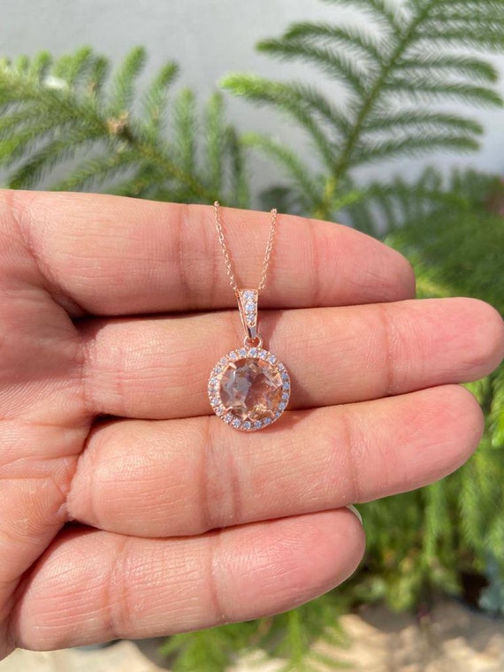Round Morganite Necklace Rose Gold Necklace Bridesmaid Necklace Morganite Pendant Birthday Gift Etsy