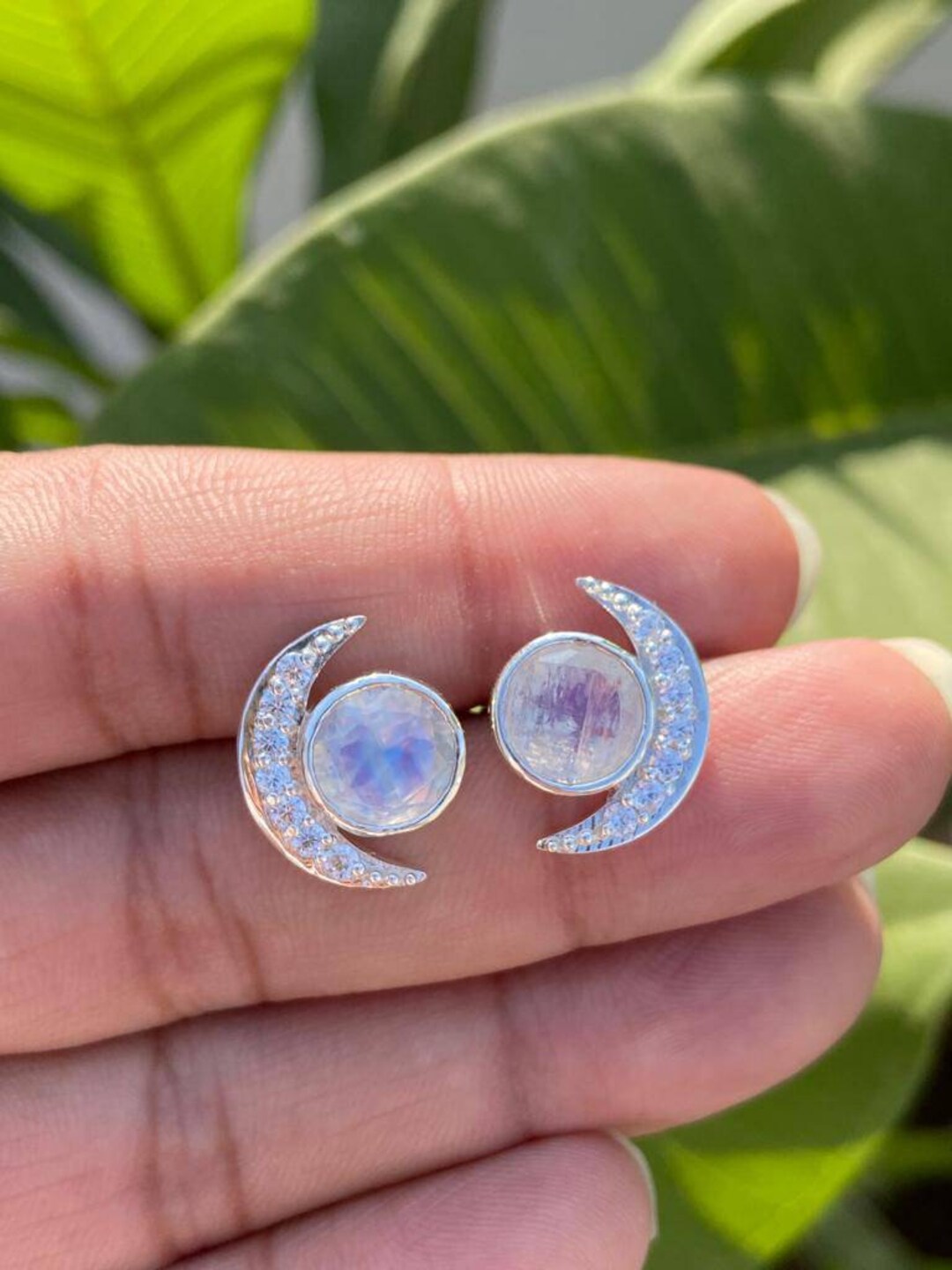 Crescent Moon Earrings- Rainbow Moonstone Earrings- Stud