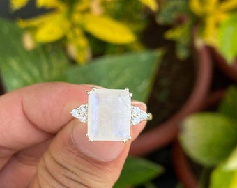 Moonstone Engagement Ring- Emerald Cut Moonstone- Silver Moonstone Ring- Gift For Her- Natural Moonstone Ring