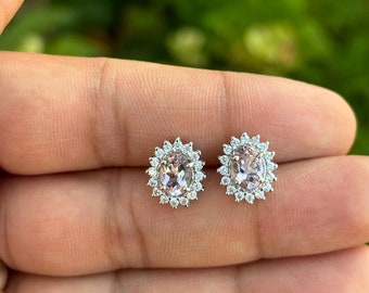 Handmade Morganite Stud Earrings – Sterling Silver, CZ Halo