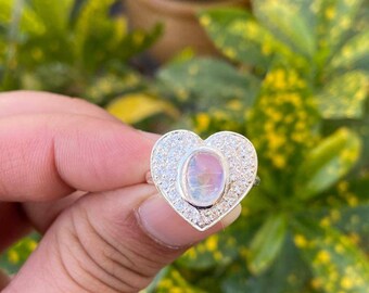 Heart Shape Ring- Moonstone Engagement Ring- Silver Moonstone Ring- Rainbow Moonstone Ring- Moonstone Jewelry