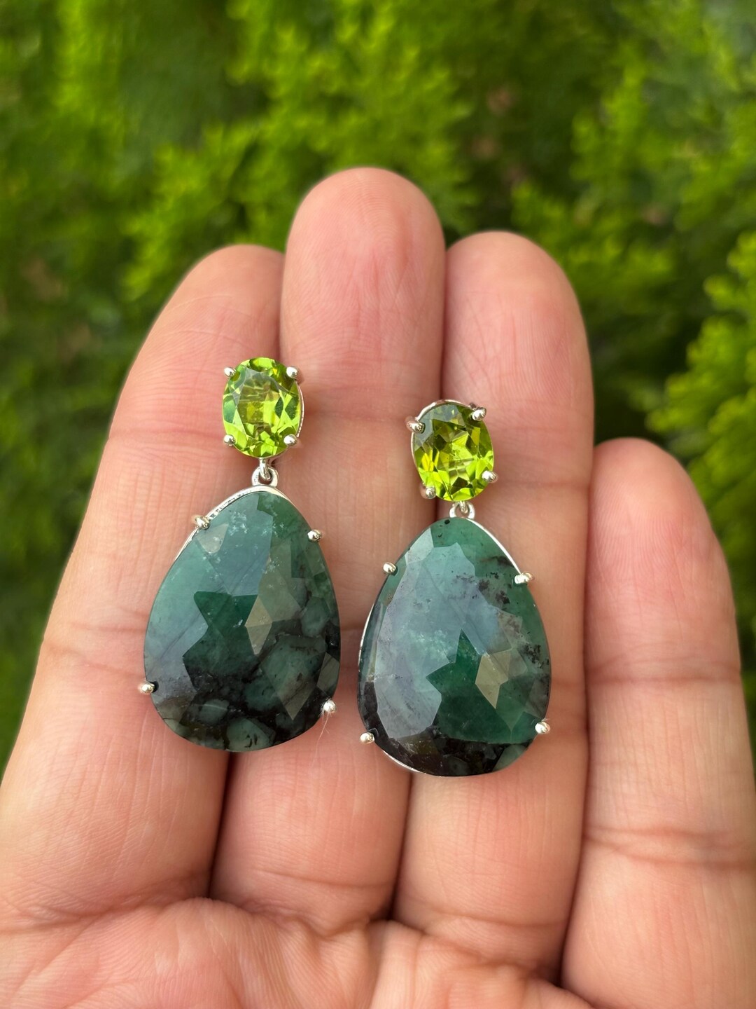 Raw Emerald and Peridot Earrings in Sterling Silver Natural Rose