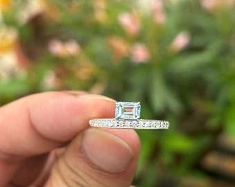 Emerald Cut Aquamarine Ring – Sterling Silver March Birthstone