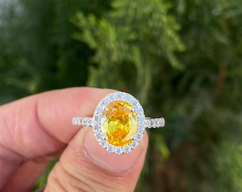 14k Gold Yellow Sapphire Ring – Lab Created Gemstone, Simulated Diamond Halo
