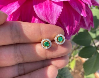 18k Gold Emerald Earrings – Natural Diamond Halo, Handmade