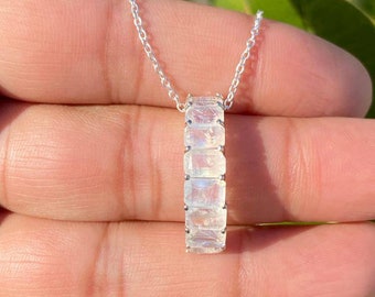 Emerald Cut Moonstone Necklace- Unique Necklace- Rainbow Moonstone Necklace- Moonstone Jewelry- Gift For Her- Minimalist Necklace