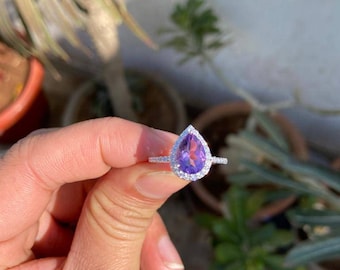Pear Amethyst Ring - Sterling Silver Solitaire with CZ