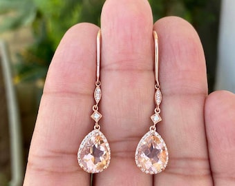 Pendientes de morganita en forma de pera - Pendientes de morganita en oro de 14 k - Pendientes de morganita - Joyas de boda - Pendientes de novia