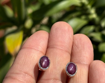 Oval Star Ruby Stud Earrings – Sterling Silver, Handmade
