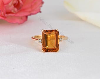 14k Gold Citrine Diamond Ring, Natural Emerald Cut Citrine Ring, Solid Gold Honey Gemstone Ring, Statement Ring for Her