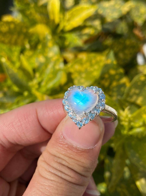 Heart Shape Ring Moonstone Ring Silver Moonstone Ring Rainbow