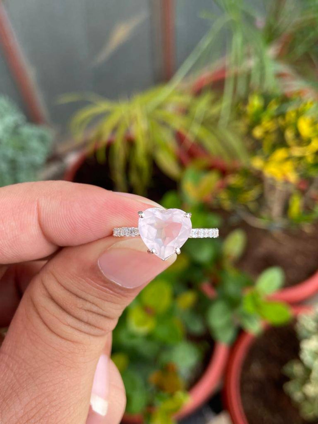 Rose Quartz Engagement Ring Heart Shape Ring Natural Rose Etsy