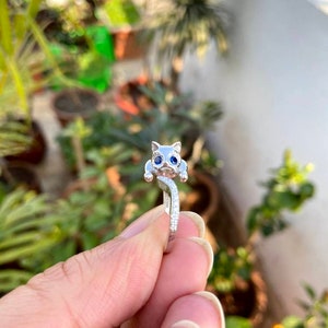 Sterling Silver Cat Ring- Blue Sapphire Ring- Silver Sapphire Ring- September Birthstone Ring