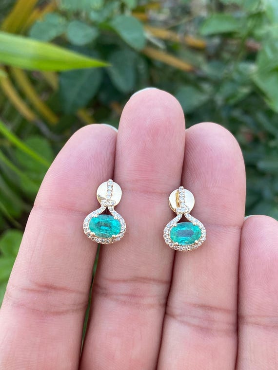 14k Gold Emerald Earrings- Emerald Diamond Earrings- Emerald