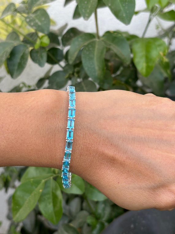Blue Topaz Bracelet- Emerald Cut Bracelet- Tennis Bracelet- Blue