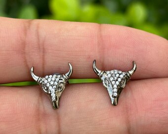 CZ Cow Skull Stud Earrings – Sterling Silver, Gothic Bull Jewelry