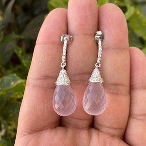 Rose Quartz Drop Earrings- Bridal Earrings- Gift For Love- Pink Gemstone Earrings- Gift For Her