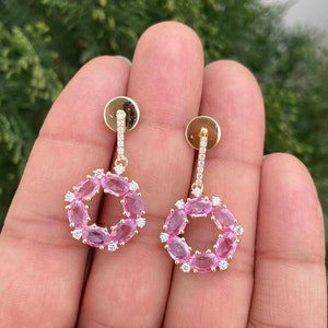 Pink Sapphire Earrings- 14k Gold Sapphire Earrings- Pink Gemstone Earrings- Sapphire Diamond Earrings- Wedding Earrings- Bridal Earrings