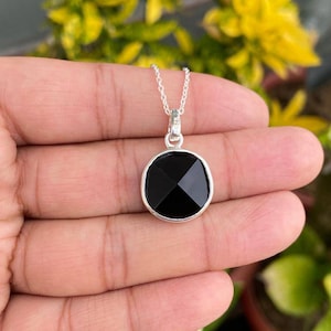 Round Black Onyx Necklace- Silver Onyx Necklace- Black Stone Necklace- Black Onyx Pendant