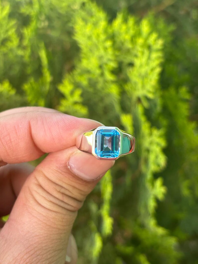 Handmade Swiss Blue Topaz Ring – Emerald Cut Sterling Silver - Etsy