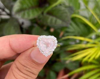 Rose Quartz Ring- Heart Shape Ring- Natural Rose Quartz Ring- Silver Rose Quartz Ring