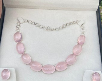 Conjunto de collar y pendientes de cuarzo rosa: joyería nupcial de plata de ley 925