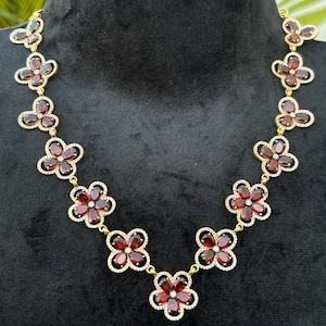 Garnet Flower Necklace & Earrings Set | 925 Silver or 14k Gold | Natural Gemstone Jewelry | Adjustable 14–19” Chain | Gift for Her