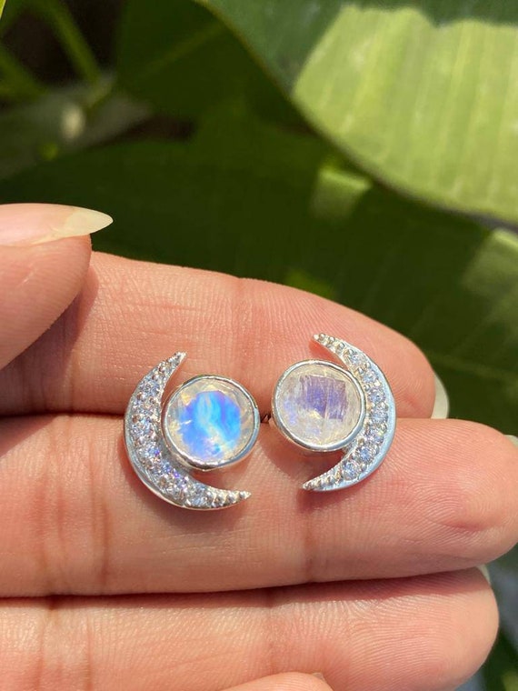 Crescent Moon Earrings- Rainbow Moonstone Earrings- Stud