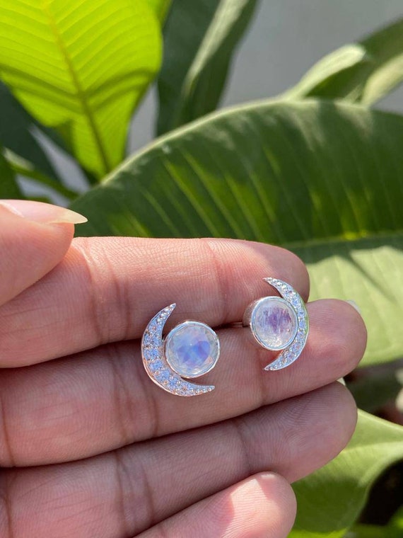 Crescent Moon Earrings Rainbow Moonstone Earrings Stud Earrings Silver Moonstone  Earrings - Etsy