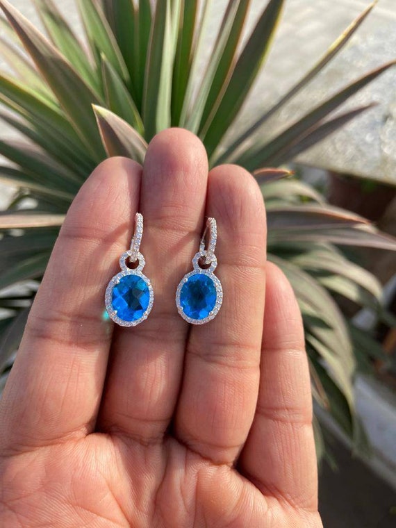 Medium Gold Plated Hoop Earrings with Blue Stone | Juulry.com